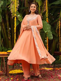 Janasya - Women's Peach Georgette Sequined Anarkali Kurta with Pant and Dupatta (Set of 3)
