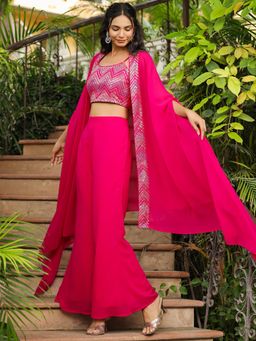 Janasya - Women's Pink Georgette Embroidered Top with Palazzo and Cape (Set of 3)