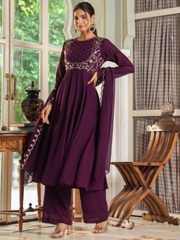 Janasya - Women's Purple Embroidered Anarkali Kurta with Palazzo and Dupatta (Set of 3)