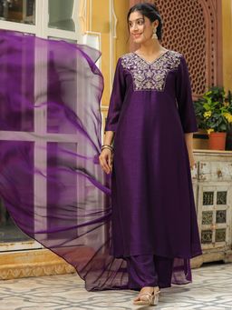 Janasya - Women's Purple Yoke Embroidered A-Line Kurta with Pant and Dupatta (Set of 3)