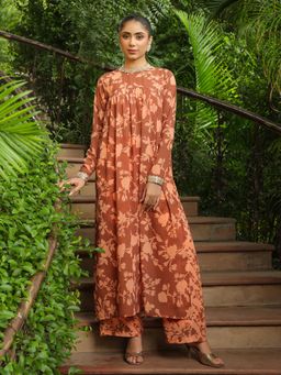 Janasya - Women's Brown Floral Printed Empire Kurta with Palazzo and Inner (Set of 3)