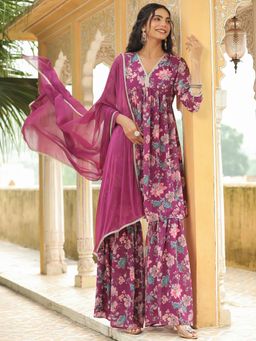 Janasya - Women's Purple Floral Printed A-Line Kurta with Sharara and Dupatta (Set of 3)