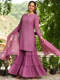 Janasya - Women's Lavender Embroidered Straight Kurta with Sharara and Dupatta (Set of 3)