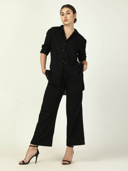 Saltpetre - Women Linen Black Relaxed Button Down Shirt with Pant (Set of 2)
