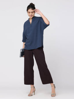 Saltpetre - Women Navy Mandarin Collar Top with Coffee Brown Leg Pant 2 Piece Set (Set of 2)