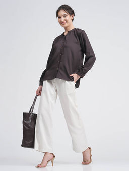 Saltpetre - Women Coffee Brown Gather Neck Shirt with Cream Wide Leg Pant 2 Piece Set (Set of 2)