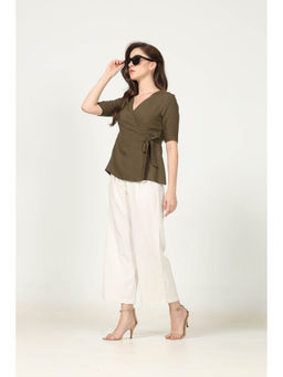 Saltpetre - Women Solid Black Half Sleeve Shirt with Cream Wide Leg Pants 2 Piece Set (Set of 2)