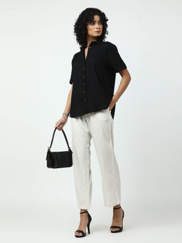 Saltpetre - Women Solid Black Half Sleeve Shirt with Cream Wide Leg Pants 2 Piece Set (Set of 2)