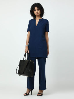 Saltpetre - Women Navy Half Sleeve Split V- Neck Top with Wide Leg Pant 2 Piece Set (Set of 2)