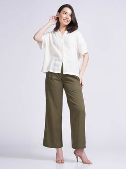 Saltpetre - Women Cream Mandarin V-Neck Collar Top with Olive Pant (Set of 2)
