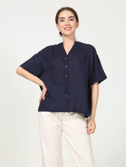 Saltpetre - Women Navy Mandarin V-Neck Collar Top with Cream Pant (Set of 2)