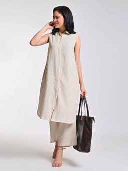 Saltpetre - Women Solid Beige Band Collar Tunic with Wide Leg Pants 2 Piece Set (Set of 2)