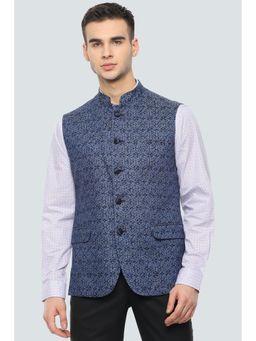 Louis Philippe - Blue Linen Sleeveless Nehru Jacket