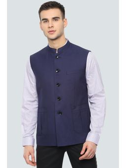 Louis Philippe - Navy Blue Polyester Blend Sleeveless Nehru Jacket