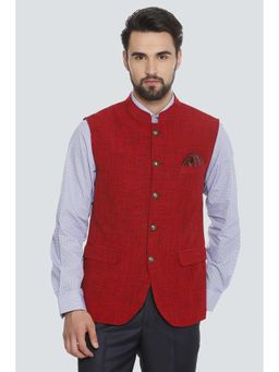 Louis Philippe - Red Polyester Sleeveless Nehru Jacket