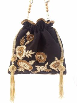A Clutch Story - Black Dabka Leaf Potli
