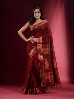 CHARUKRITI - Cinnamon Brown Pure with Zari Design and Motif Saree with Unstitched Blouse