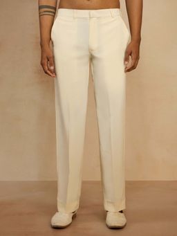 Vastramay - Men's Cream Solid Silk Blend Straight Pant