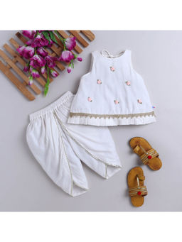Many Frocks - Girls Rayon Sleeveless Rose Floral Kurti and Dhoti- White