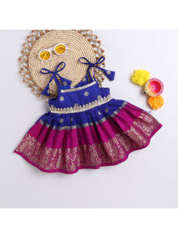 Many Frocks - Girls Handloom Cotton Woven Boti Ethnic Dress- Blue and Purple