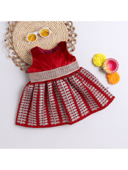 Many Frocks - Girls Velvet Leaf Embroidered Ethnic Dress- Maroon