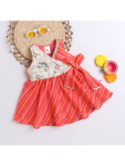 Many Frocks - Girls Stripes Sequin Work Patch Koti Ethnic Dress- Coral