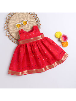 Many Frocks - Girls Woven Boti Double Ethnic Dress- Red