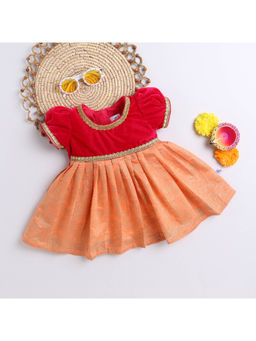 Many Frocks - Girls Velvet Printed Lace Ethnic Dress- Red and Peach