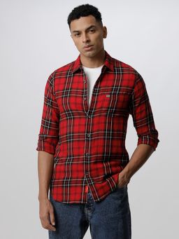 The Bear House - Men Red Checked Slim Fit Cotton Casual Shirt