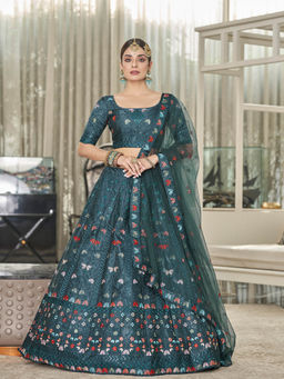 Odette - Teal Designer Silk Floral Embroidered Semi Stitched Lehenga With Unstitched Blouse (Set of 3)