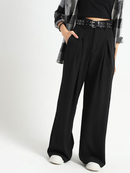 Sera - Black Solid Regular Fit Trouser and Belt (Set of 2)