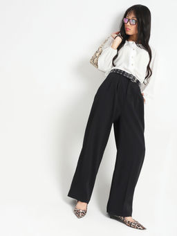 Sera - Black Solid Regular Fit Trouser and Belt (Set of 2)