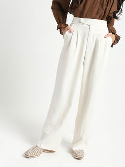 Sera - Off White Solid Regular Fit Trouser