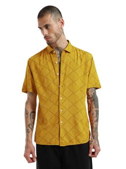 Banana Club - Yellow Jacquard Leaf Print Half Sleeve Shirt