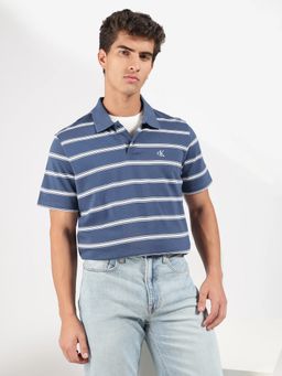 Calvin Klein - Striped Relaxed Fit Cotton Blue Polo T-Shirt