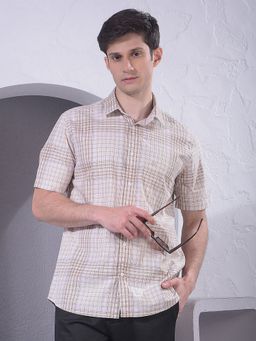 CRIMSOUNE CLUB - Men Beige Checked Cotton Shirt