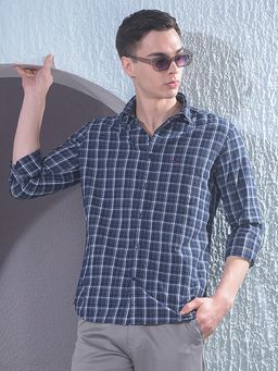 CRIMSOUNE CLUB - Men Navy Blue Checked Cotton Shirt