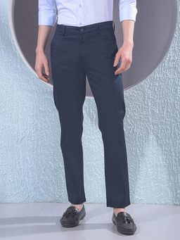 CRIMSOUNE CLUB - Men Navy Blue Cotton Solid Slim Pant
