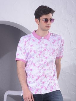 CRIMSOUNE CLUB - Men Pink Printed Polo Neck Pure Cotton Polo T-Shirt
