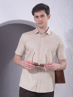 CRIMSOUNE CLUB - Men Beige Vertical Stripes Cotton Shirt