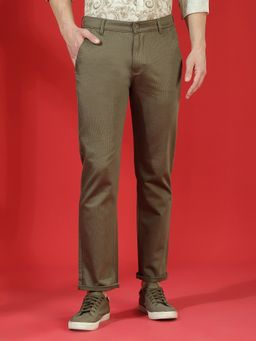 CRIMSOUNE CLUB - Men Olive Cotton Geometric Straight Pant