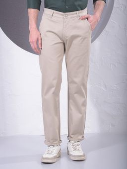 CRIMSOUNE CLUB - Men Beige Cotton Solid Straight Pant