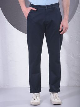 CRIMSOUNE CLUB - Men Navy Blue Cotton Solid Slim Pant