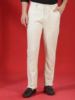 CRIMSOUNE CLUB - Men Off White Cotton Blend Solid Regular Pant