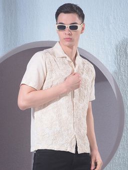 CRIMSOUNE CLUB - Men Beige Embroidered Linen Shirt