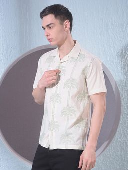 CRIMSOUNE CLUB - Men Beige Embroidered Resort-Collar Linen Shirt