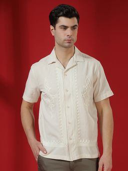 CRIMSOUNE CLUB - Men Embroidered Resort-Collar Linen Beige Shirt