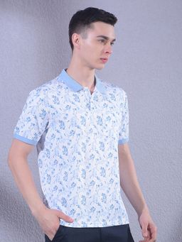 CRIMSOUNE CLUB - Men Blue Floral Print Polo T-Shirt