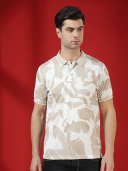 CRIMSOUNE CLUB - Men Beige Abstract Print Polo T-Shirt