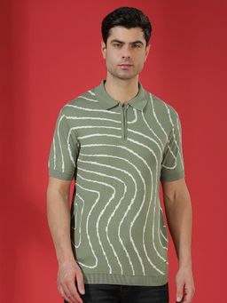 CRIMSOUNE CLUB - Men Green Pure Cotton Jacquard Texture Polo T-Shirt